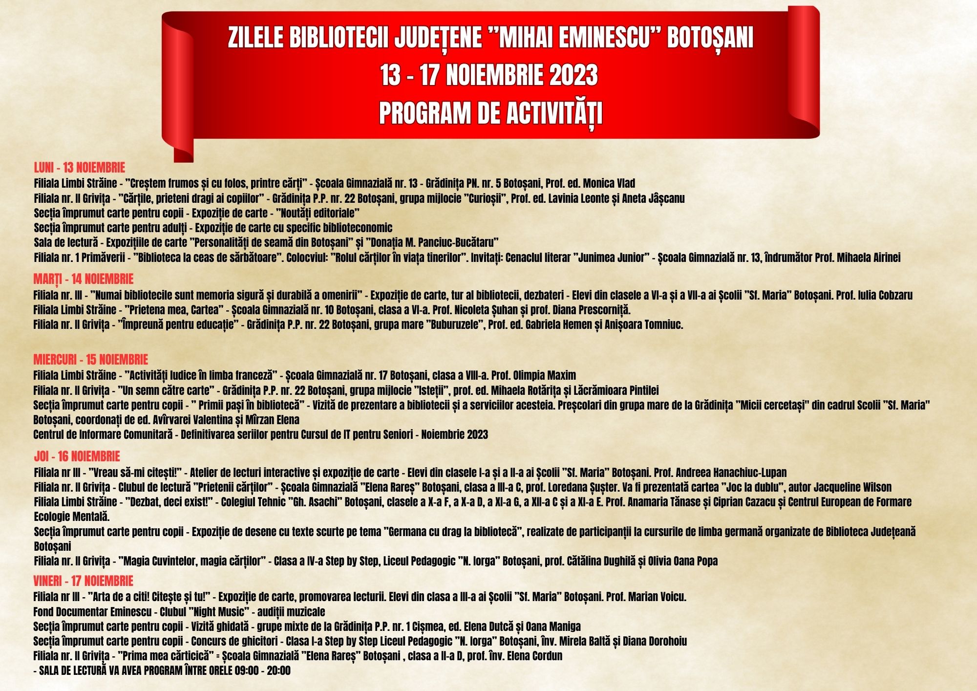 Programul de activități al Zilelor Bibliotecii Județene ”Mihai Eminescu” Botoșani