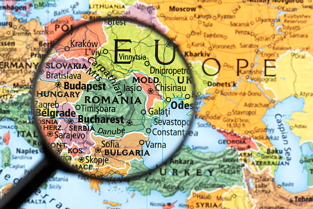 Map of Romania. Detail from the World Atlas. Selective Focus.